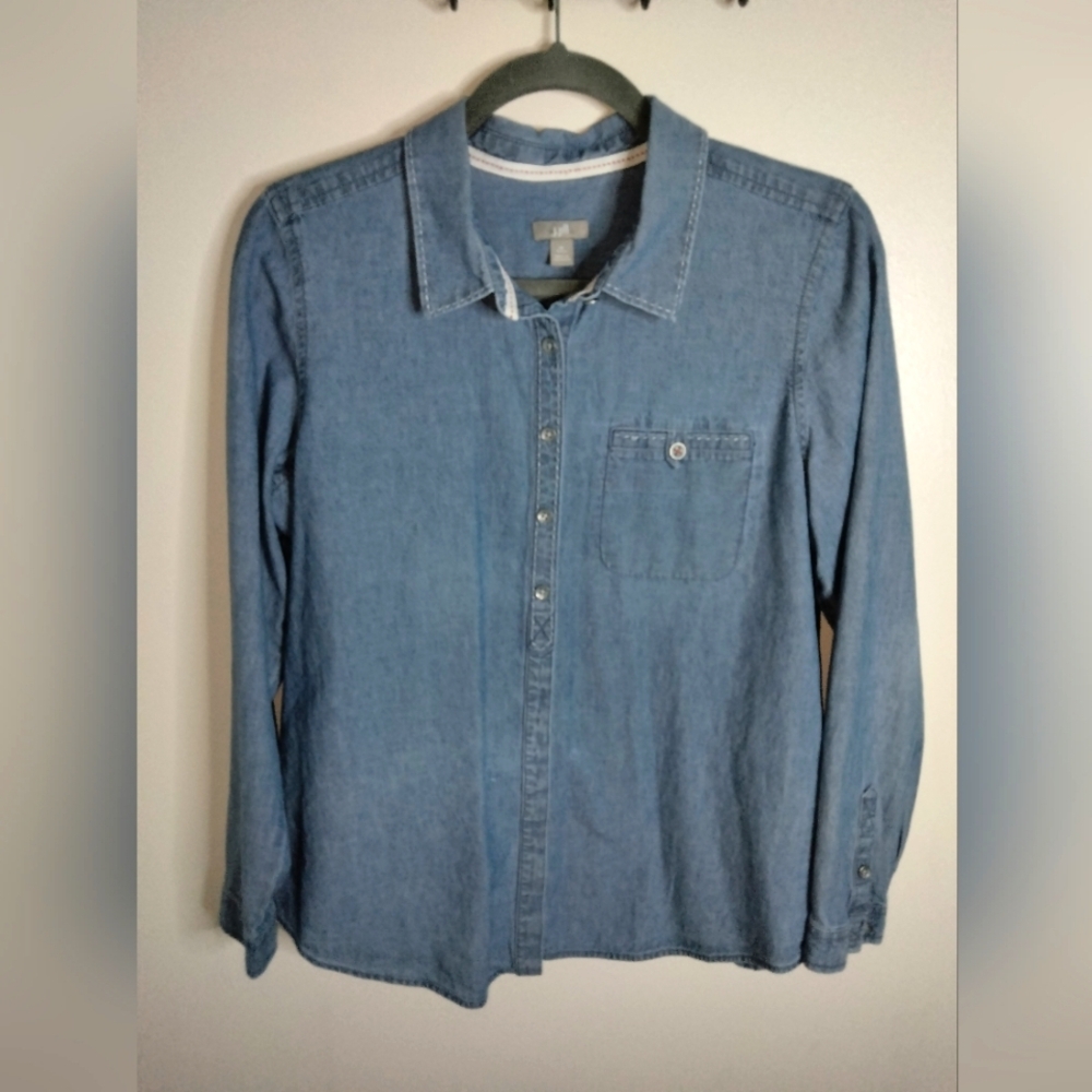 J. Jill (Size Mp) Blue 100% Cotton Slip Pocket Button Down Front LS Denim Shirt